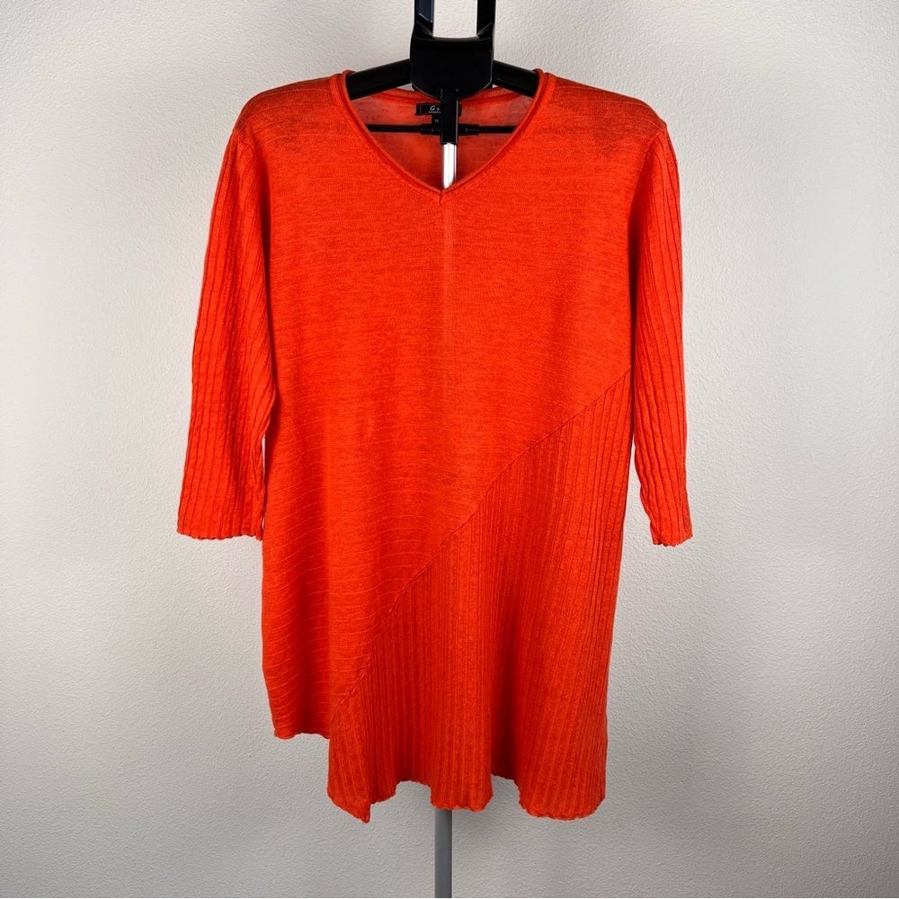 G&C United Knitwear 100% Linen Red Orange‎ Ribbed Tunic Top XL Asymmetrical